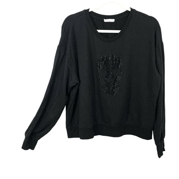Brit NY Sequined Sugar Skull T-shirt Top Women size Large Black Long Sleeve - Picture 2 of 10